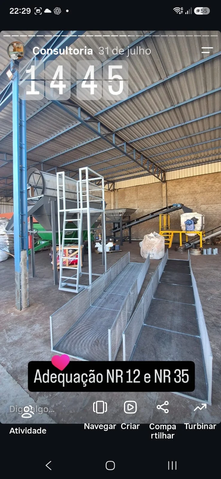 Registro de campo da SM Dias em ambiente industrial com máquinas e acessos